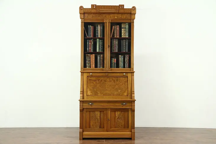Victorian Eastlake Antique Walnut Secretary Desk & Bookcase, Wavy Glass Doors