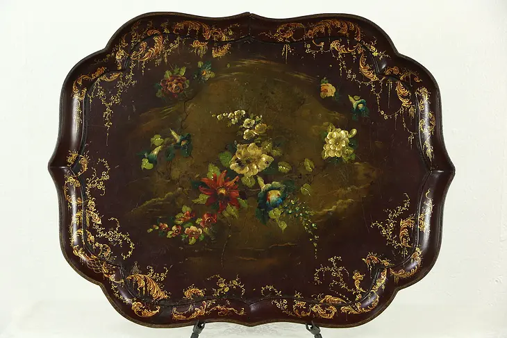 Paper or Papier Mache Antique 1850's Hand Painted Serving Tray