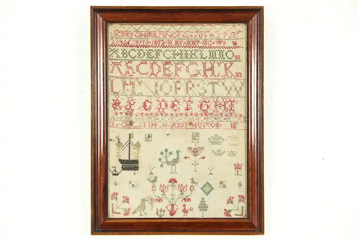 Sampler, Hand Stitched Linen, Signed & Dated 1802, England