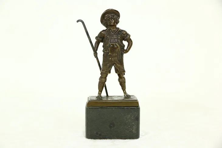 Bronze Antique Sculpture of a Boy With Fishing Pole, Marble Base