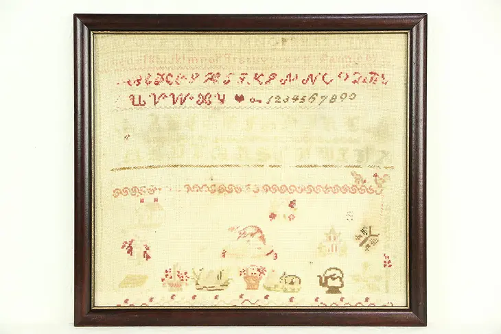 Sampler, Antique Hand Stitched in Frame, Signed Fannie