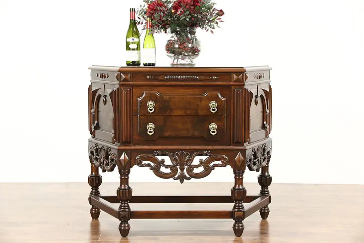 Tudor Style 1020 Antique Walnut Carved Hall Console Cabinet or Sideboard