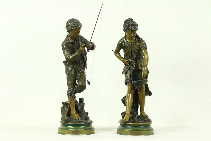 La Pecheur La Pecheuse Fisher Boy & Girl Antique Pair of Statues #28737