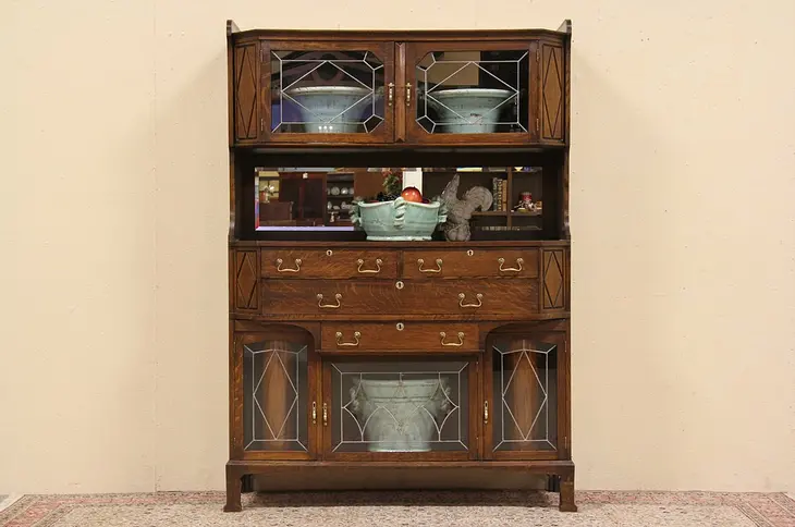 Arts & Crafts Sideboard China Cabinet, Leaded Glass