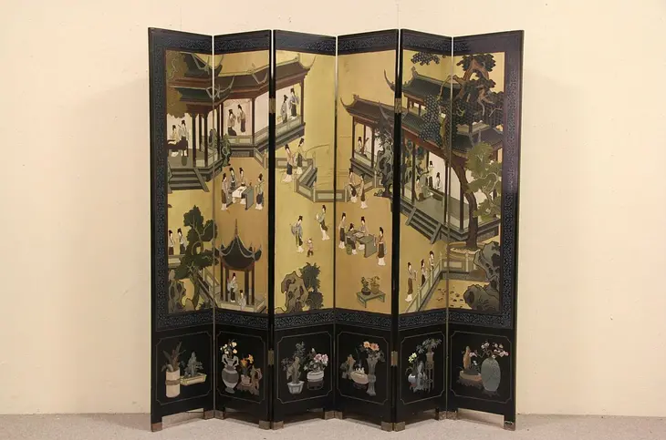 Chinese Carved Coromandel 6 Panel Garden Scene Screen