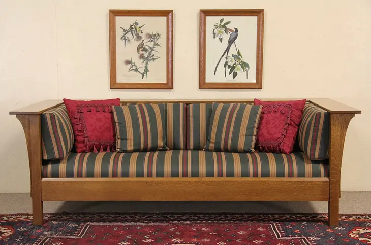 Stickley Signed Oak Vintage Settee or Sofa, Original Upholstery