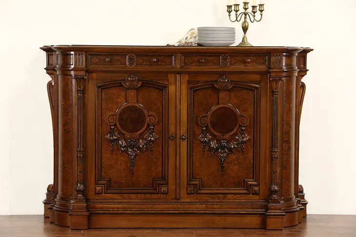 Victorian Renaissance 1870 Antique Carved Sideboard Server with Burl Panels