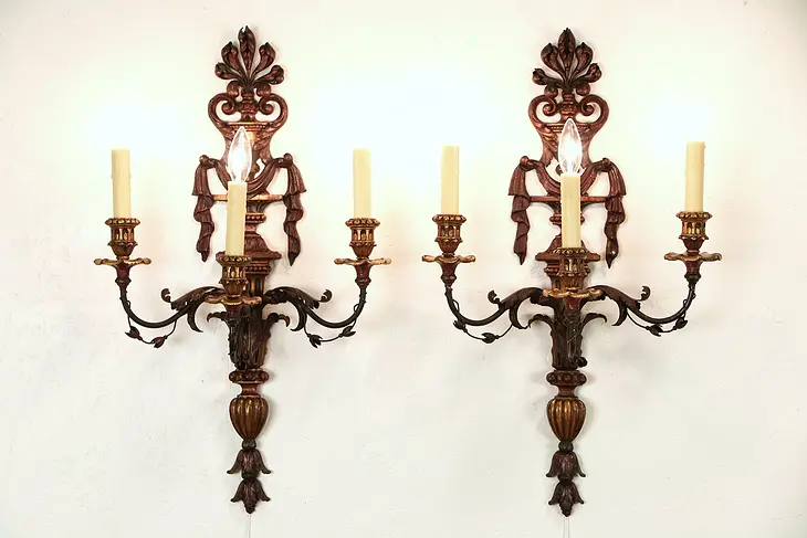 Italian Pair of 3 Candle 1915 Antique Carved Wood & Wrought Brass Sconce Lights