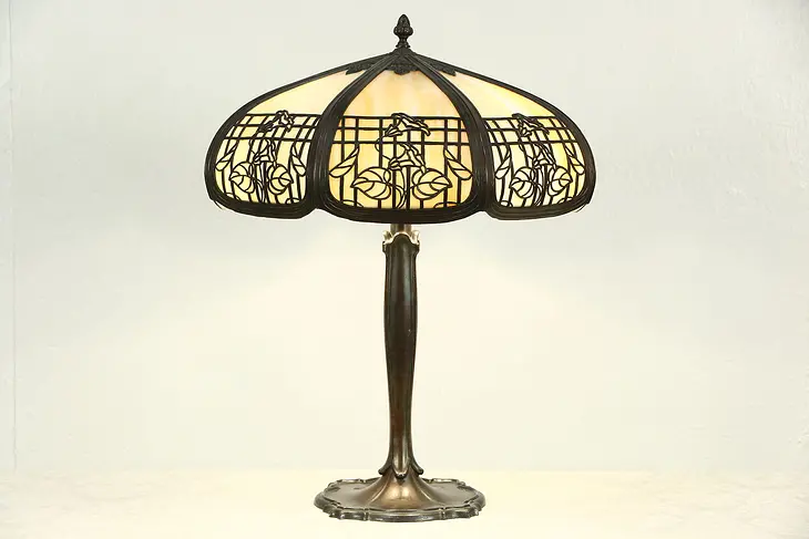 Stained Glass Panel Lamp, 1915 Antique Filigree Shade