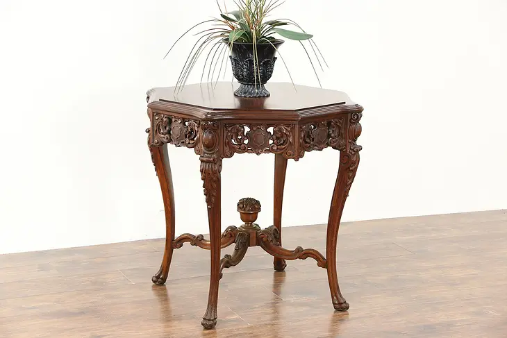 Carved 1920 Antique Walnut Center, Hall or Lamp Table, Inlaid Marquetry