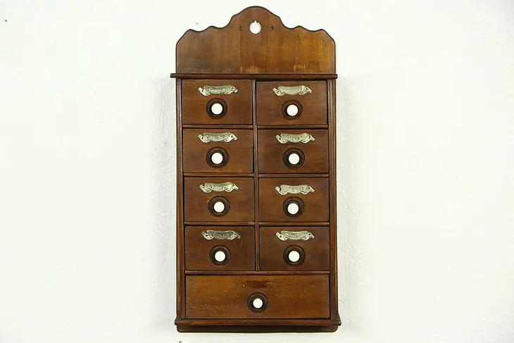 Spice Cabinet, 1910 Antique Hanging or Countertop, 9 Drawers