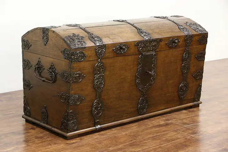 Oak & Wrought Iron 1750 Antique Pirate Trunk, Dowry or Blanket Chest, Germany