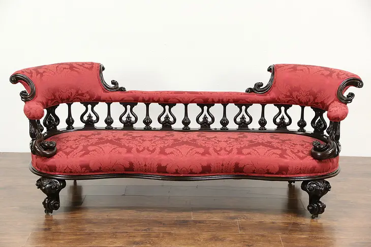Victorian 1850's Walnut Sofa, Carved Serpents, New Upholstery,