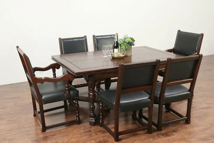 English Tudor Antique Oak Dining Set, Table, 6 Leather Chairs, Altman NY #29265