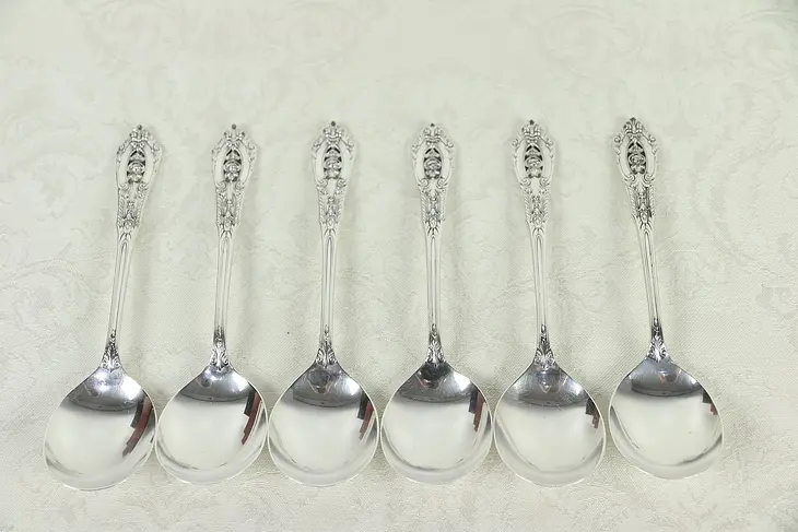 Set of 6 Sterling Silver 6" Cream Soup Spoons, Rose Point by Wallace #30135