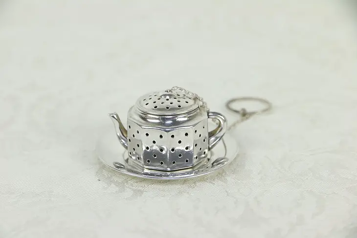 Sterling Silver Antique Pot & Tray Tea Ball Strainer Set & Box #30153