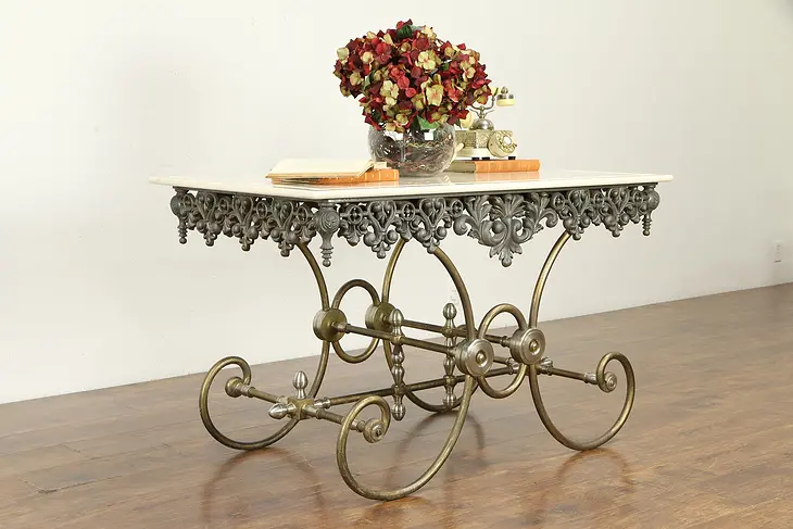French Iron & Marble Baker or Wine & Cheese Table, Kitchen Island  #31636