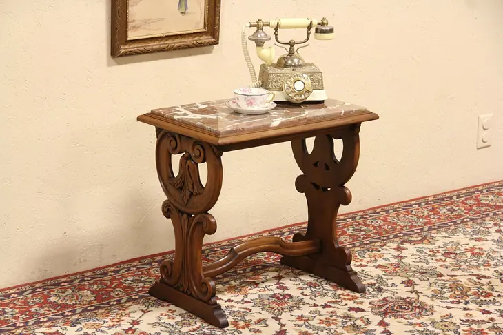 Carved Antique 1915 Chairside or End Table, Marble Top