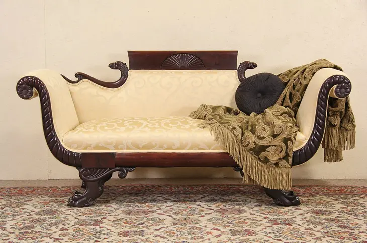Empire Carved Eagle & Lion Paw 1920 Antique Sofa, Newly Upholstered