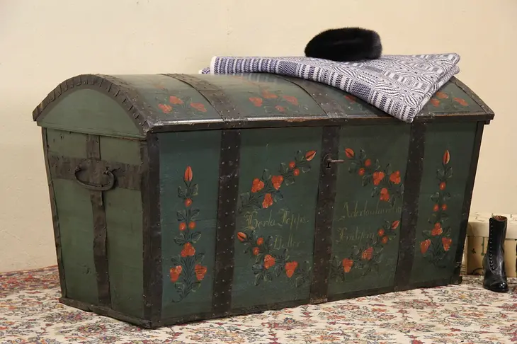 Scandinavian 1850 Antique Signed Wedding Dowry Trunk, Painted Flowers