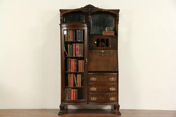 Oak Carved 1900 Victorian Antique Side by Side Secretary Desk & Bookcase