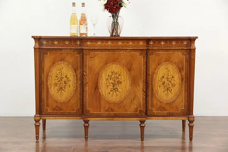 Marquetry Inlaid Vintage Hall Console Cabinet or Sideboard, Tulipwood & Burl