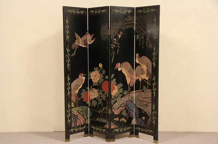 Chinese Coromandel Carved Lacquer 4 Panel Vintage Screen