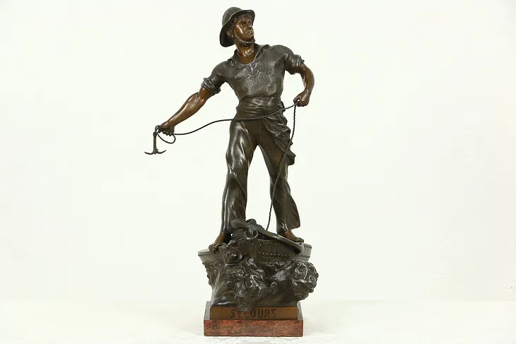 Secours or Rescue Antique French Sculpture of Sailor, Signed Waagen