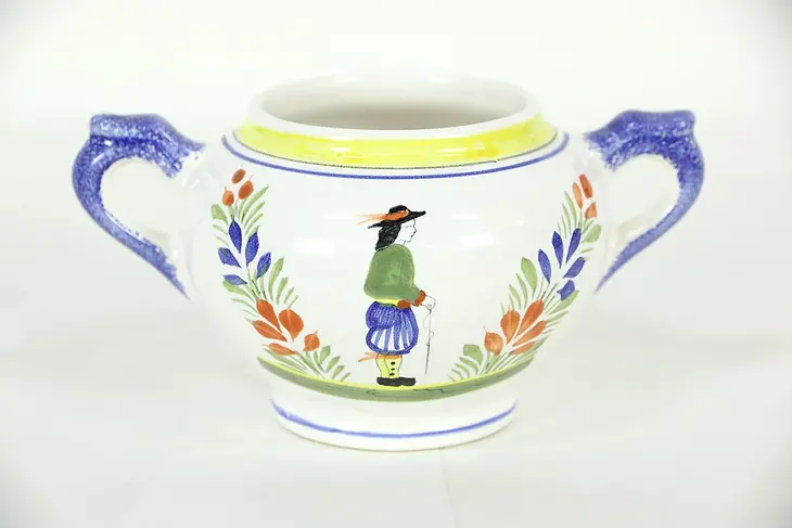 Quimper Signed Hand Painted 6" Sugar Bowl, Brittany, France