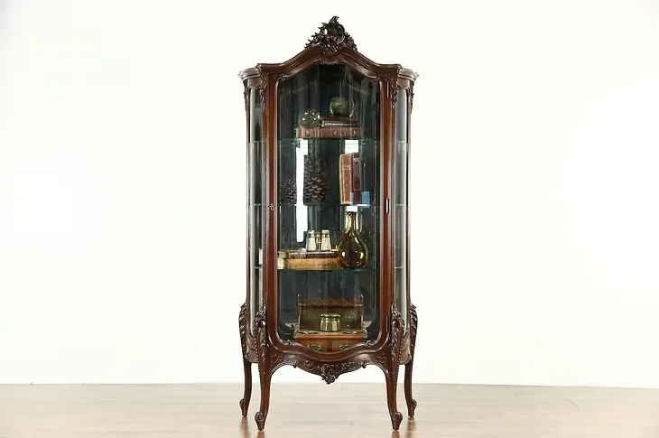 French Curved Glass 1930's Vintage Carved Walnut Curio or China Display Cabinet