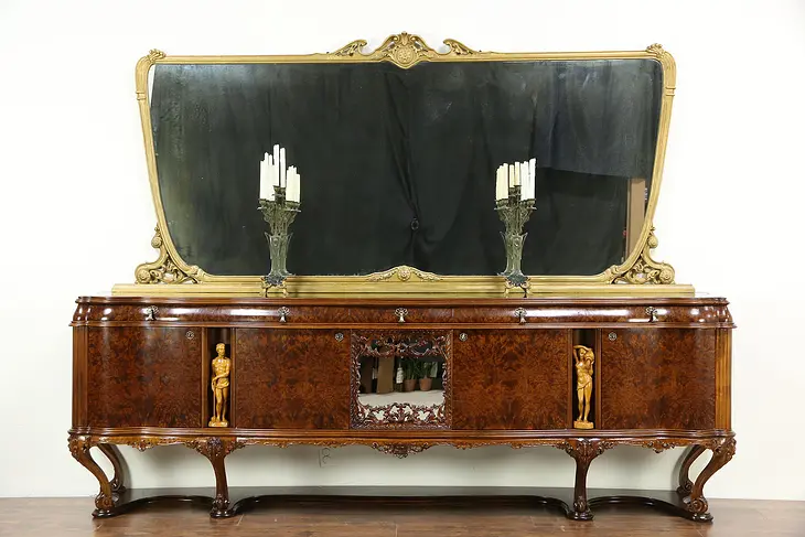 Italian Vintage Sideboard, Credenza or Bar Cabinet, Carved Figures, Gold Mirror