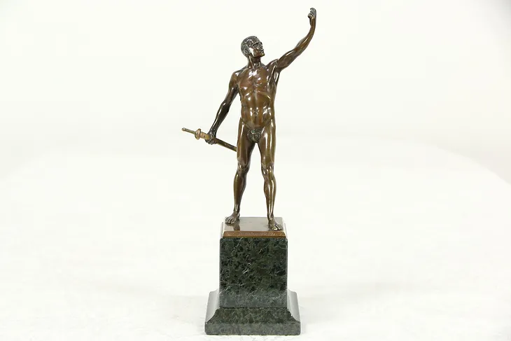 Bronze Sculpture of Man with Sword, 1890 Antique Statue, Signed Kowalczewski