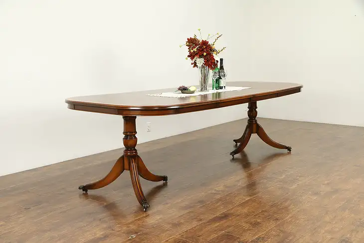 Mahogany Banded English Vintage Dining Table, 2 Leaves, 119" Long  #31398