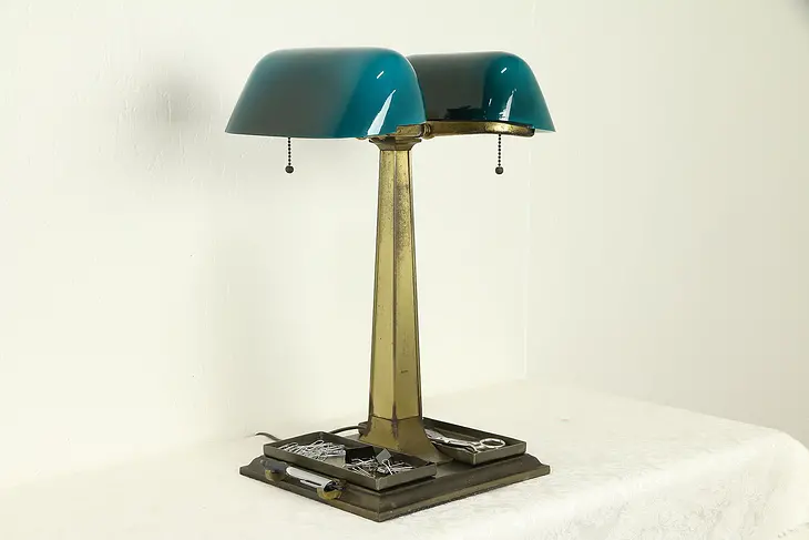 Emeralite Antique Partner Desk Double Banker Lamp, Green Shades #31811