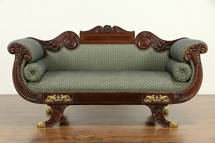 Empire Centennial Antique Sofa, Carved Mahogany Cornucopia, Bronze Feet #32000