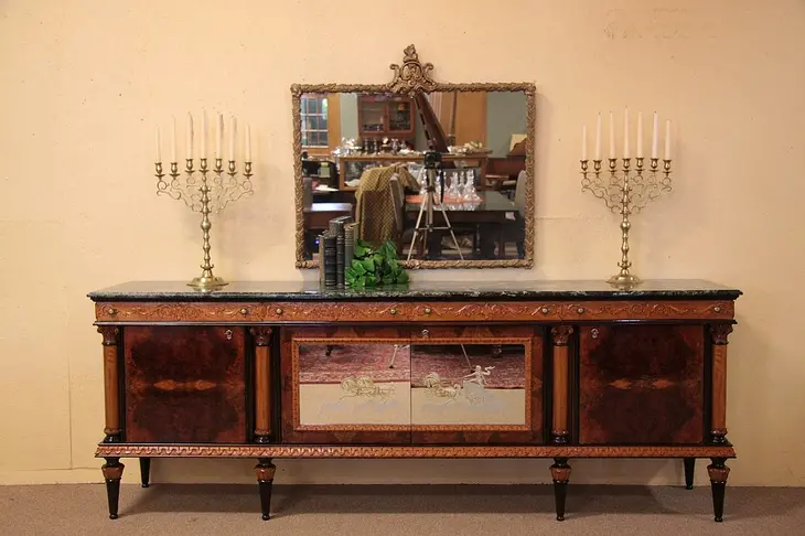 Carved 6 1/2' Marble Top Credenza Sideboard
