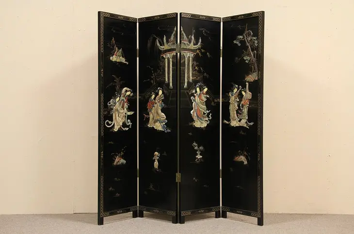 Carved Hardstone & Lacquer Chinese Screen