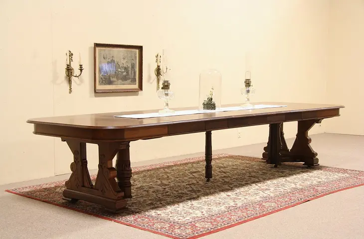 Victorian Eastlake 1880 Antique Square Dining Table, Extends 12'