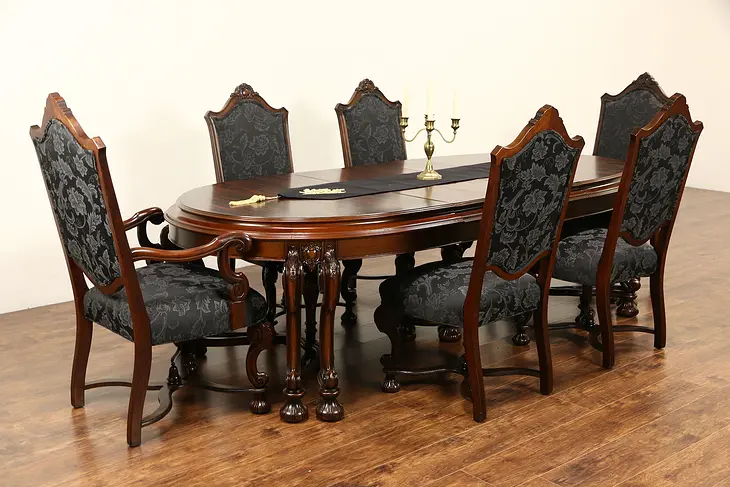 Renaissance 1925 Antique Dining Set, Table & 3 Leaves, 6 Chairs New Upholstery