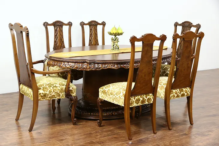 Romweber Louis XV de Gaulle 7 Pc Vintage Dining Set, Table, 4 Leaves & 6 Chairs