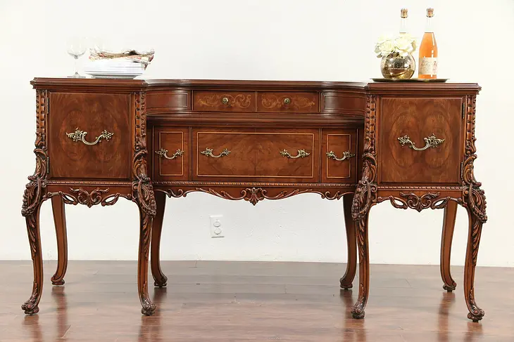 Carved Walnut and Marquetry Vintage Sideboard, Server or Buffet #29620