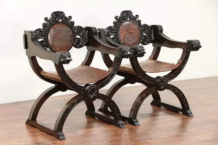 Pair Antique Italian Savonarola Chairs, Tooled Leather Crests, Lion Heads #29911