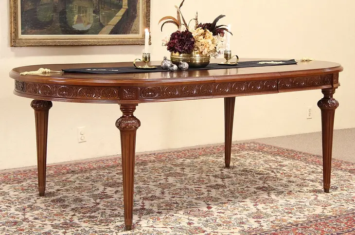 French Carved 1920's Burl Dining Table & Leaf