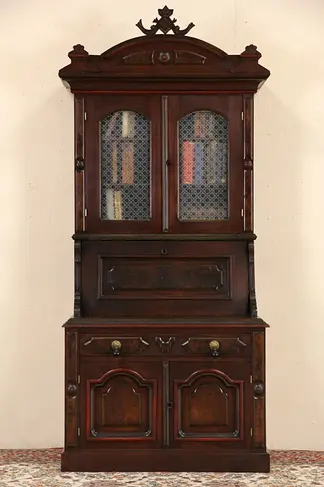 Victorian Child Size 1870 Antique Walnut Secretary Desk & Bookcase