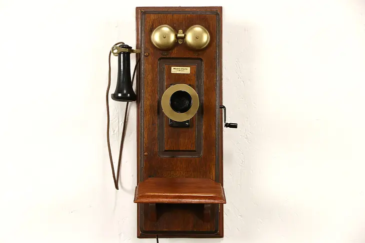 Oak Western Electric Signed Antique Wall Phone & Dial, Crank Generator, Pat 1910
