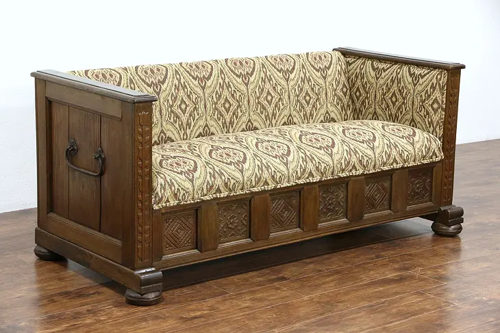 Oak Carved Sofa or Settee Made from Swedish 1880's Trunk, New Upholstery