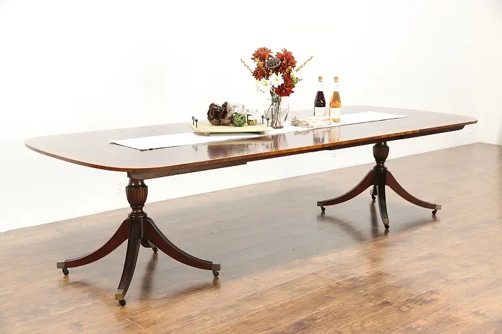 Baker Signed Banded Mahogany Vintage Dining Table, 2 Pedestals, 3 Leaves