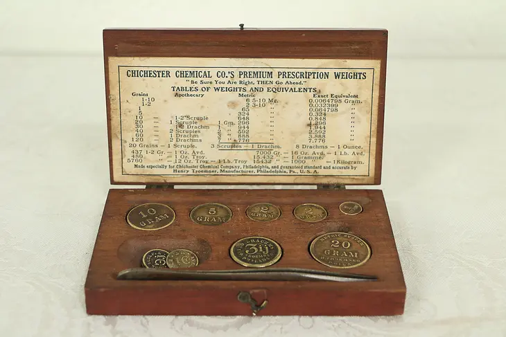 Set of 10 Brass Antique Prescription Scale Weights, Case, Troemner #29003