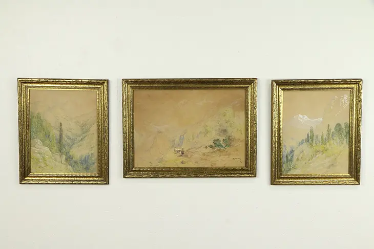 Set of 3 Watercolor & Gouache Paintings, Mountains & Indians, Signed 1935 #31085