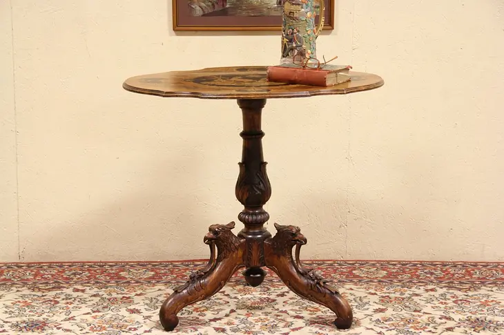 Black Forest Antique 1880's Antique Table, Marquetry Mountain Scene